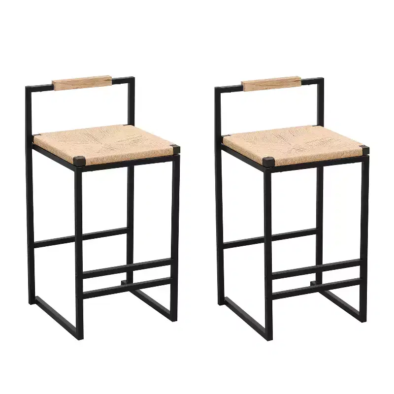 Okak 25 Paper Rope Woven Bar Height Stools with Backrest&Footrest Set of 2, Counter Stools for Dining Table&Kitchen Island, Natural