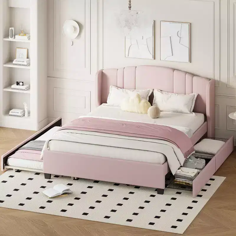 FAMYYT Queen Size Upholstered Platform Bed With One Twin Trundle and 2 Drawers, Easy Assembly