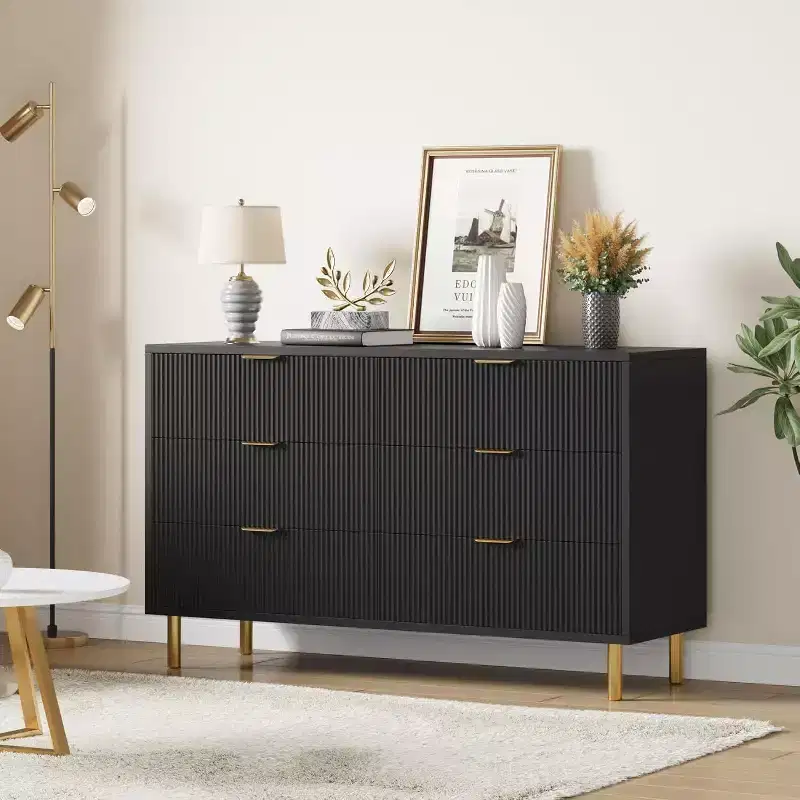 Modern 6 Drawer Dresser for Bedroom with Gold Handle and Large Drawer, Wood Double Chest of Drawers and Storage Organizer