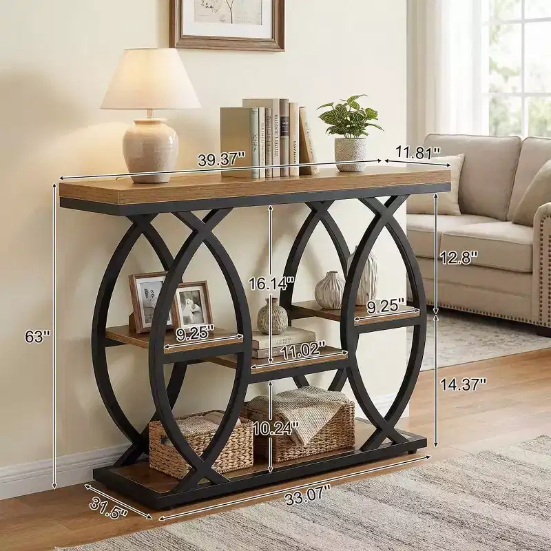 Industrial 4-Tier End Table with Geometric Metal Frame for Living Room