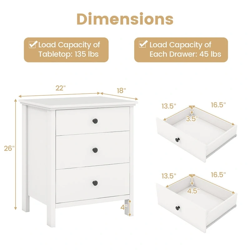 Gymax 3-Drawer Nightstand Wooden Bedside Table Modern Side End Table - See Details