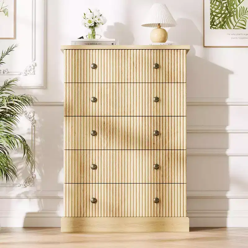 Fluted 5-Drawer Tall Dresser, Modern Vertical Storage Chest for Bedroom, Slim Wood Dresser with Metal Handles for Small Spaces & Apartments