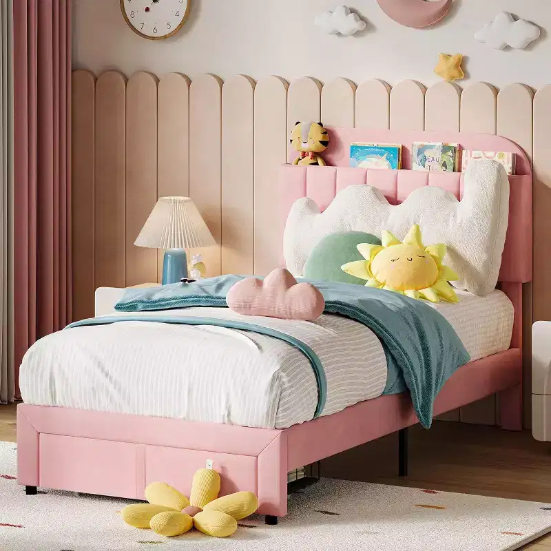 Acekool Twin Bed Set - 2 Upholstered Storage Beds with Bookcase Headboards