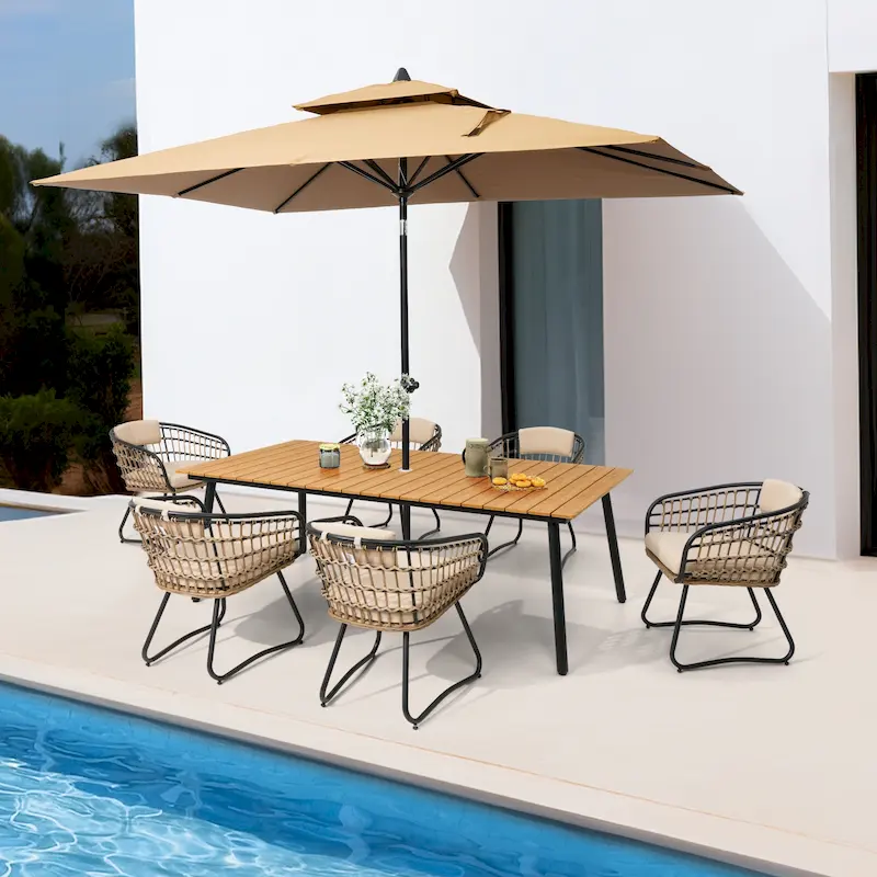 Outdoor 7 PC- Patio Rectangular Aluminum Dining Table Set with Umbrella Hole with Rattan Chair
