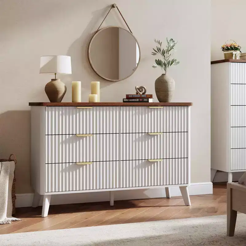 6 Drawer Dresser, 47.2 Inch Wide Modern Chest with Fluted Wood Drawers & Gold Handles, Curved Profile Design Dresser for Bedroom & Living Room