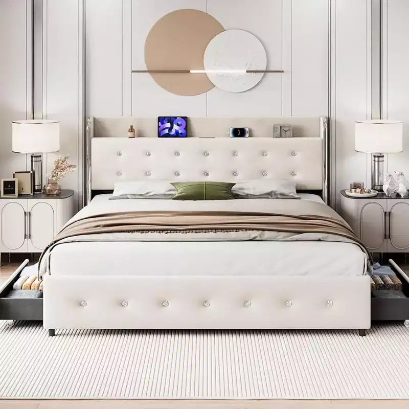 Full Size Bed Frame with Storage Headboard, Velvet Upholstered, Platform Bed Frame with 4 Drawers&Wooden Slat Support, Noise Free Design