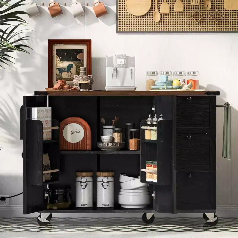 Farmhouse Style Kitchen Cart Island With Drop Leaf And Locking Wheels