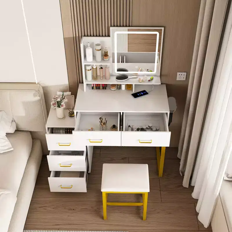 Makeup Vanity with LED Lights 3 Color Modes, Dressing Table with Power Outlet, 5 Drawers & Metal Chair for Bedroom