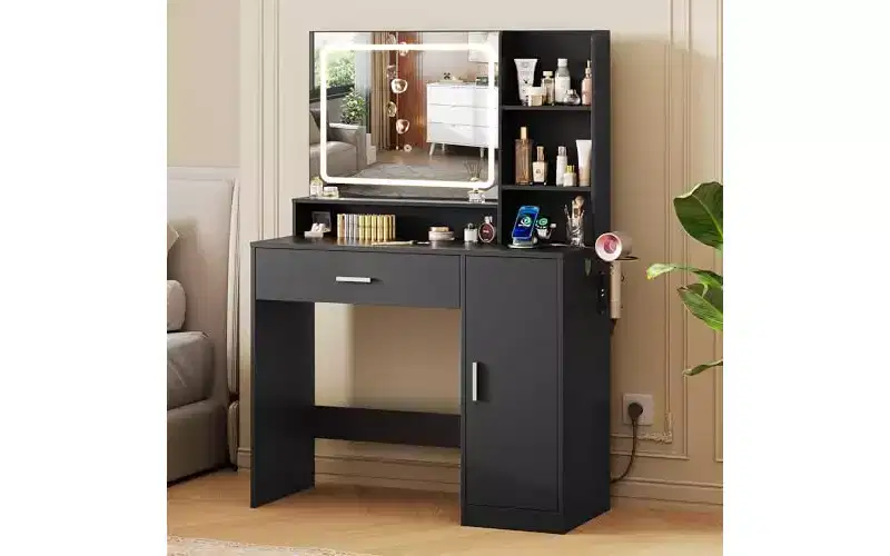 Small Vanity Desk with Lighted Mirror – Drawer, Cabinet & Open Shelves, Black