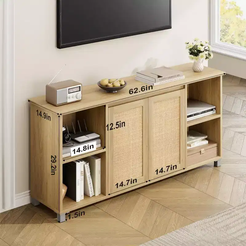 GustoWave Boho TV Stand for up to 70 Inch TVs, Media Console with Rattan Doors & Open Shelves for Living Room, Natural