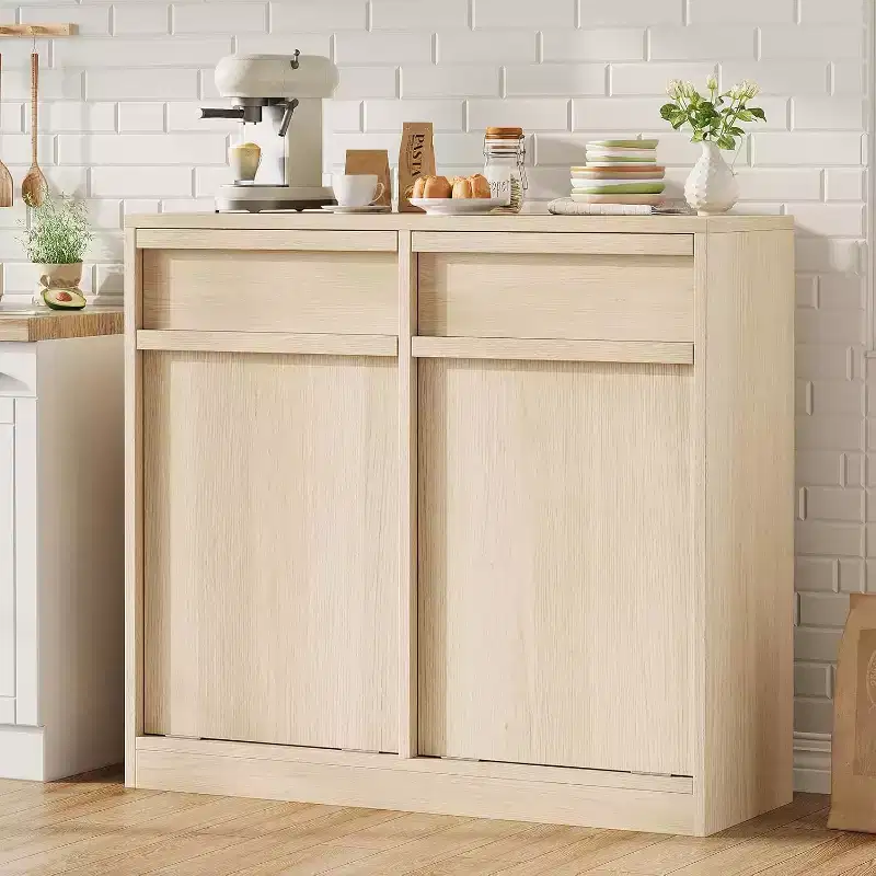 Tiltable Trash Can, Natural Oak, Trash Can with Storage and Drawer, Hidden Trash Cabinet, Laundry Basket for Kitchen, Dining Room, Living Room