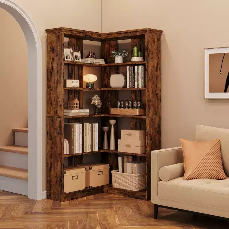 72.8in Tall 5 Tier Corner Bookshelf Farmhouse Bookcase Large Bookshelf Wood Bookcase Corner Shelf L Shaped Bookshelfs Storage Display Rack