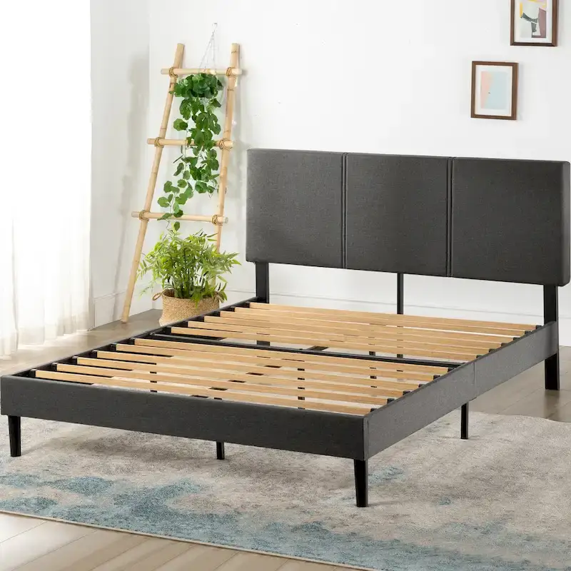 Grey Upholstered Platform Bed Frame with Sustainable Bamboo Slats