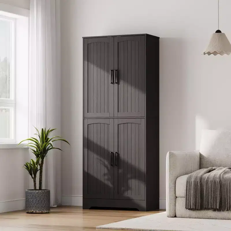 Farmhouse Kitchen Pantry Cabinet, Freestanding Cupboard, Adjustable Shelves, 4 Doors, for Living Room