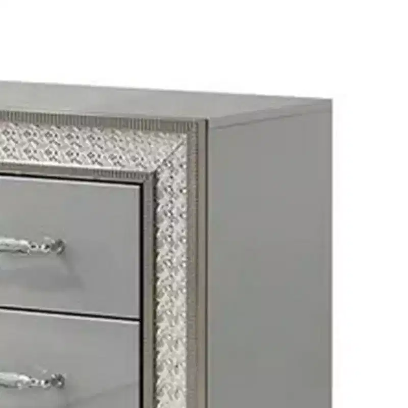Nightstand with 2 Drawers, Scale Molding Trim, Metallic Gray Wood