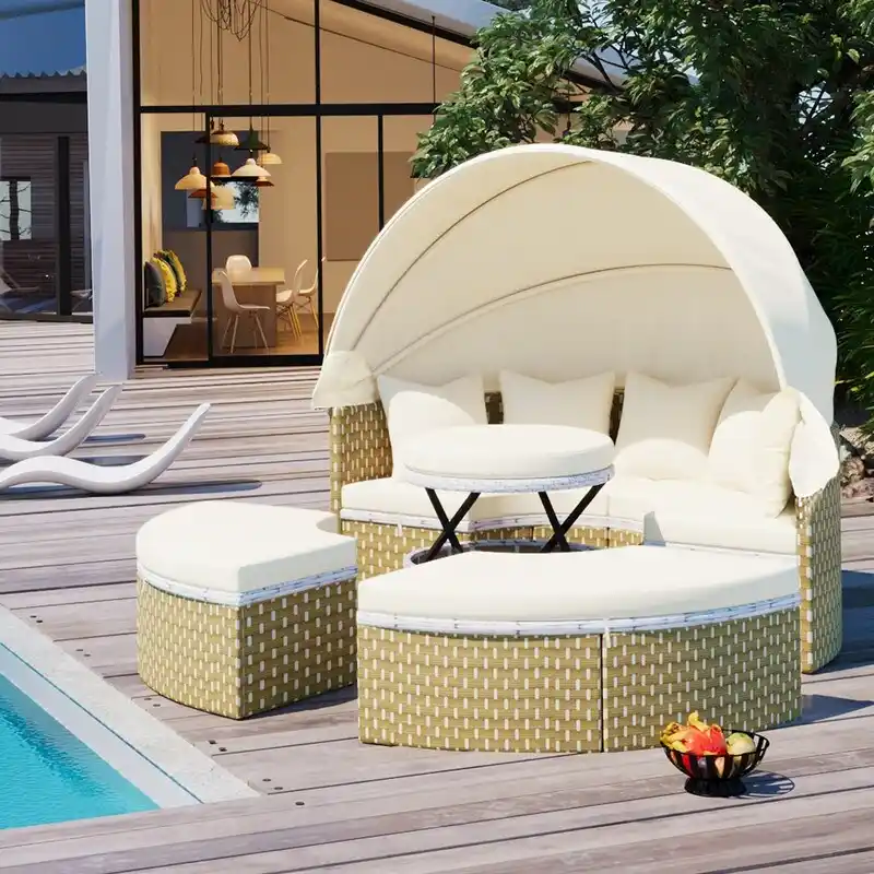 Round Patio Sectional Sofa Set  Two-Tone Rattan Daybed with Retractable Canopy & Modular Seating
