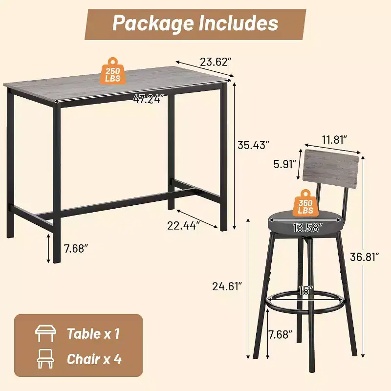 Zevemomo Dining Table Set for 4, 5-Piece Bar Table Set,Counter Height High Top Table with 4 PU Upholstered Stools, for Small Space, Gray