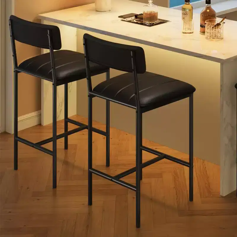 Bar Stools Set of 2, Kitchen Bar Stools with Footrest, PU Upholstered Counter Height Barstool, Bar Chairs for Kitchen Island, Counter, Classic Black