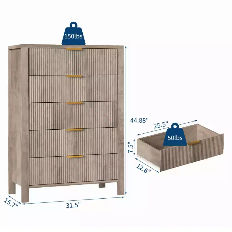 Fluted 5 Drawer Dresser, 45