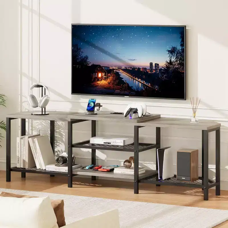 67 Inch TV Stand with LED Lights, Power Outlets & 4 Open Shelves, Grey Media Console for 55/65/75 Inch TV, Corner Entertainment Center