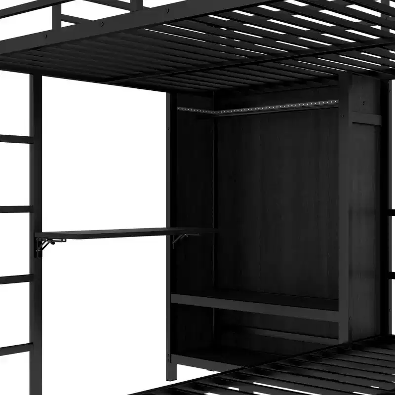 Bellemave Full XL Over Twin Metal Bunk Bed with Folding Desk, Closet with LED ,Space-Saving/Noise Reduced, Black