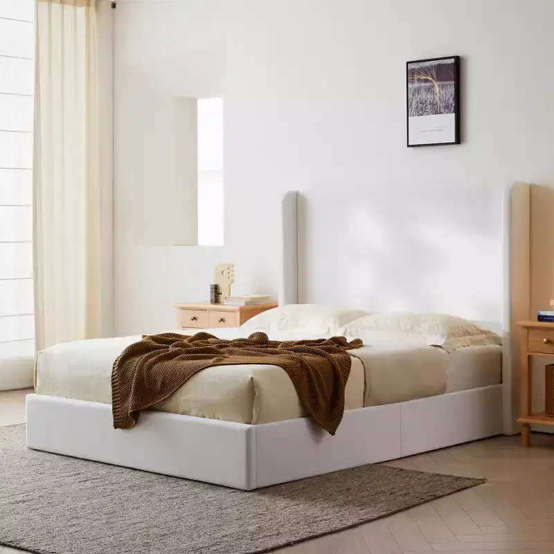 Modern Coconut Micro Suede Upholstered Floor Bed with Wingback