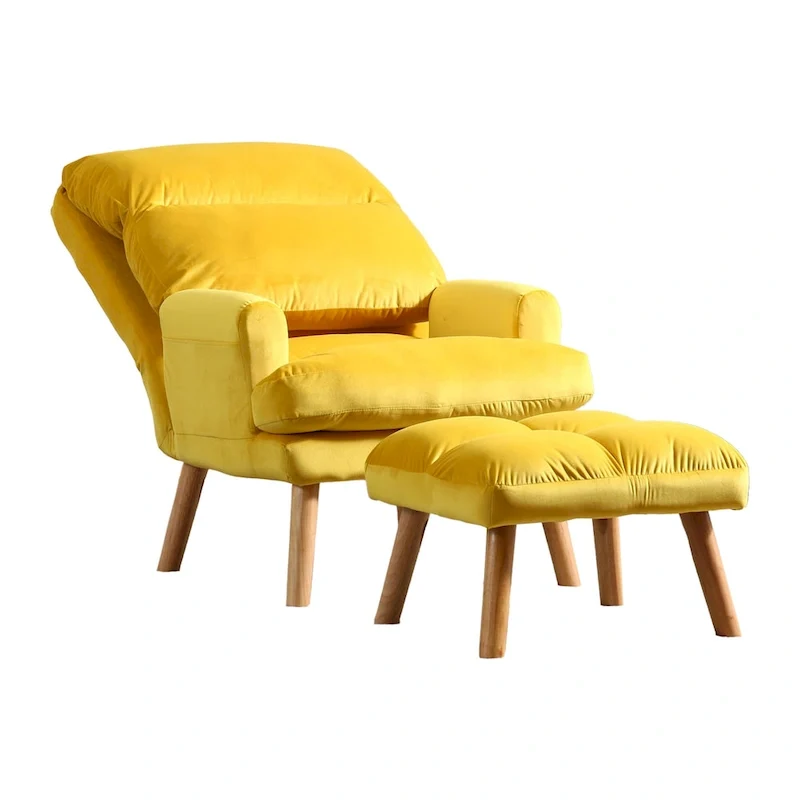 Nina 28 Inch 2 Piece Accent Chair and Ottoman Set, Splayed Legs, Yellow