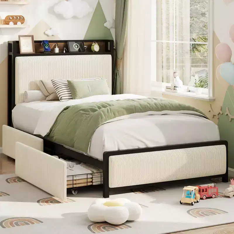 COZONY Upholstered Bed Frame with Storage, 2 Drawers Charging Station Steel Slats No Box Spring