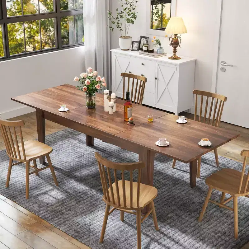106.5IN Modern Extendable Kitchen Table with Large Tabletop, Dining Table with Thick Legs, Foldable Table for Living Room, Dining Room, Walnut