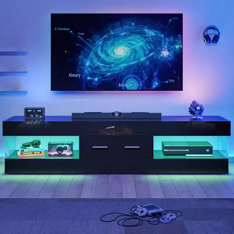 Bestier 67 Gaming TV Stand for TV up to 75, High Gloss Entertainment Center LED Medium Console TV Media Center with Storage Drawer & Open Shelves