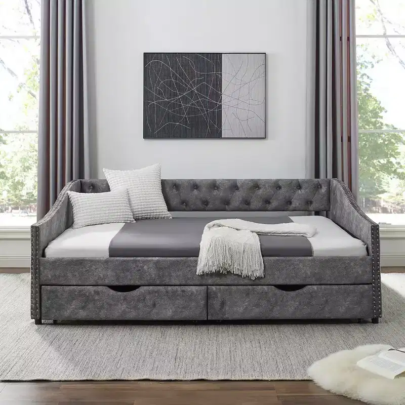 Full Size Upholstered Button Tufted Sofa Bed with Drawers and Waved Shape Arm, Gray