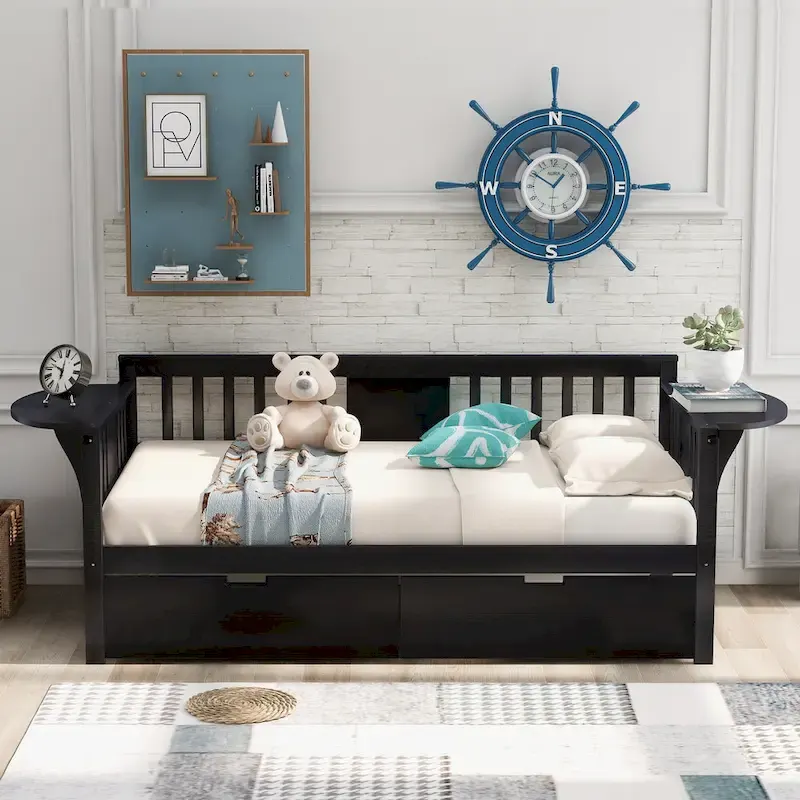 Twin Daybed with 2 Drawers & Foldable Side Tables – Espresso, Pine & MDF, 3-Side Rail, Single