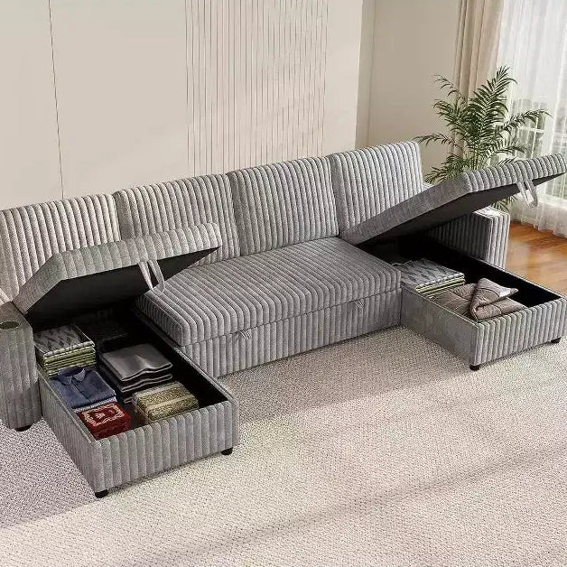 122 U-Shaped Convertible Sleeper Sofa with Storage, Adjustable Backrest, Side Table, USB Ports & Cup Holders, Grey