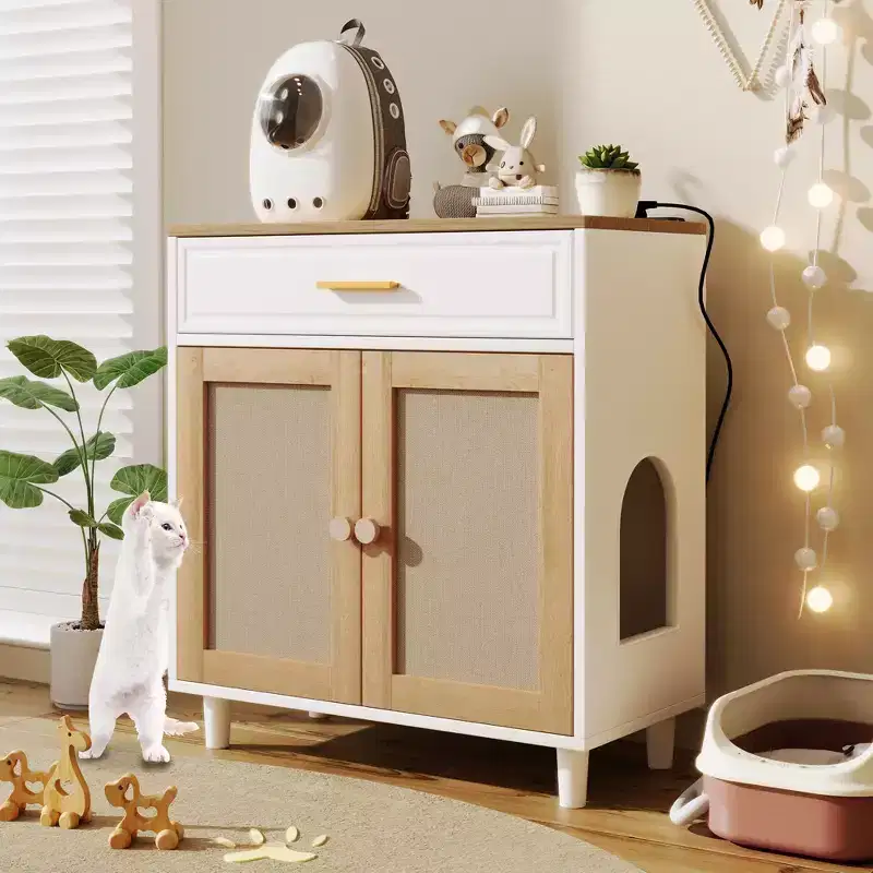 JVNOXK 3 IN 1 Cat furniture, Litter box Enclosure with Cat Scratcher, Cat house Modern Side Table with Storage