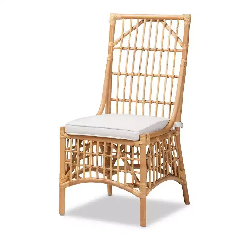 Rose Fabric Upholstered and Rattan Dining Chair White/Natural: Cotton-Polyester Blend, Bohemian Style, No Assembly Required