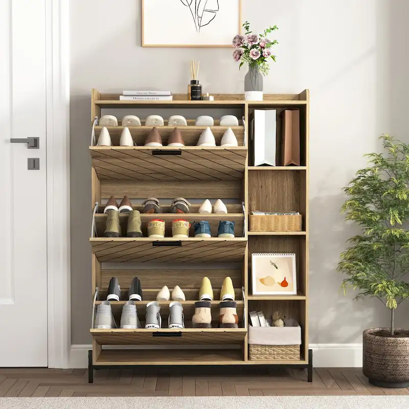 Shoe Cabinet with 3 Flip Drawers & Open Shelves,Modern Entryway Shoe Storage Cabinet Slim, Narrow Hidden Shoe Rack