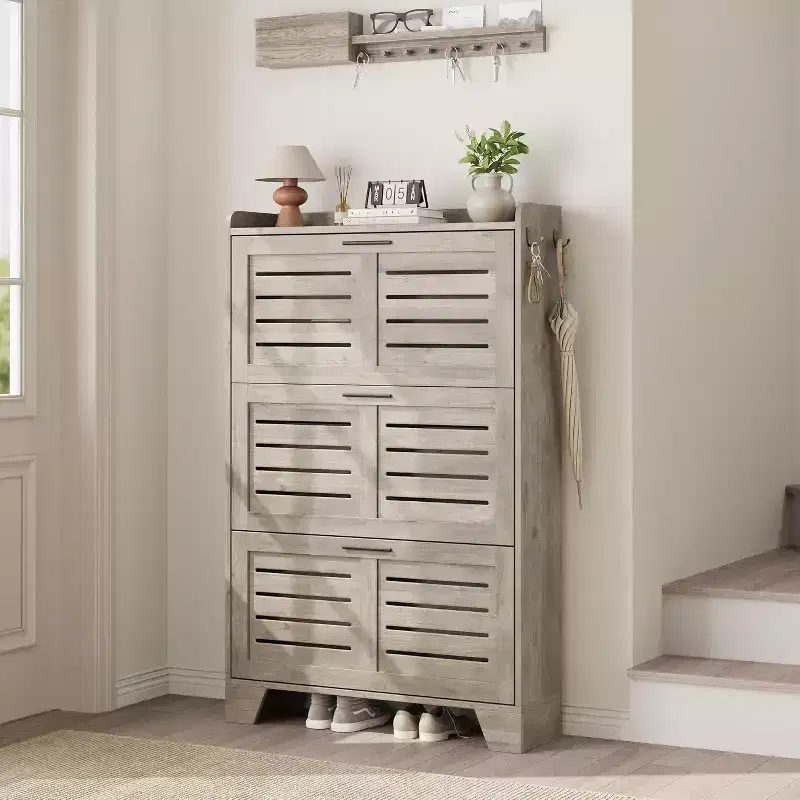 Flip Drawer Shoe Cabinet with Adjustable Shelves & Louvered Doors, Entryway Organizer with Hooks
