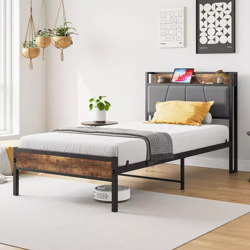 Okak Twin Size Bed Frame with Storage Headboard, Solid Wood Platform Bed with Charging Station for Bedroom, Brown