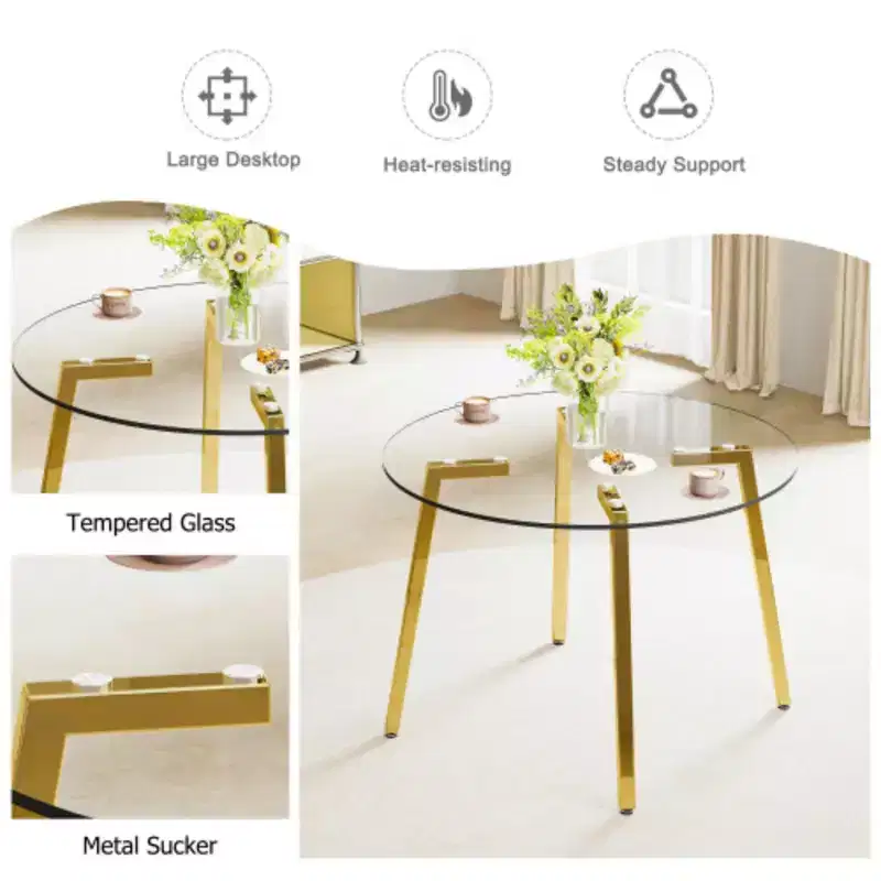 42 Inch Round Tempered Glass Dining Table with Gold Pedestal Base