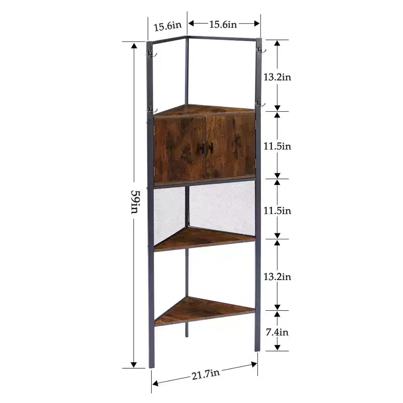 Corner Cabinet Tall Storage Shelf with Triangle Wooden Shelves and Doors, Brown