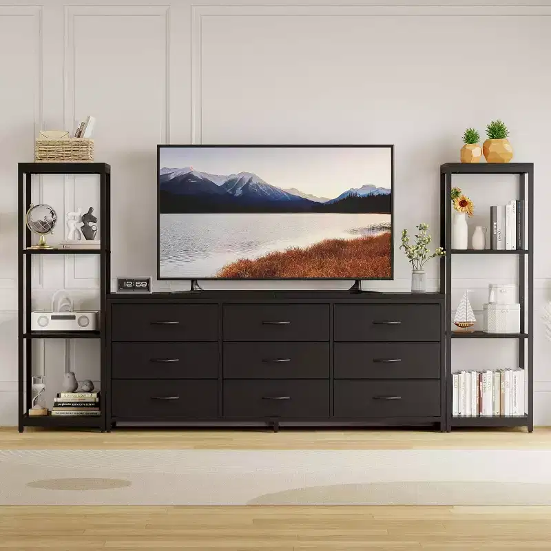 TV Stand Dresser with 9 Fabric Drawers – Large Entertainment Center with 2 Industrial 4-Tier Shelves