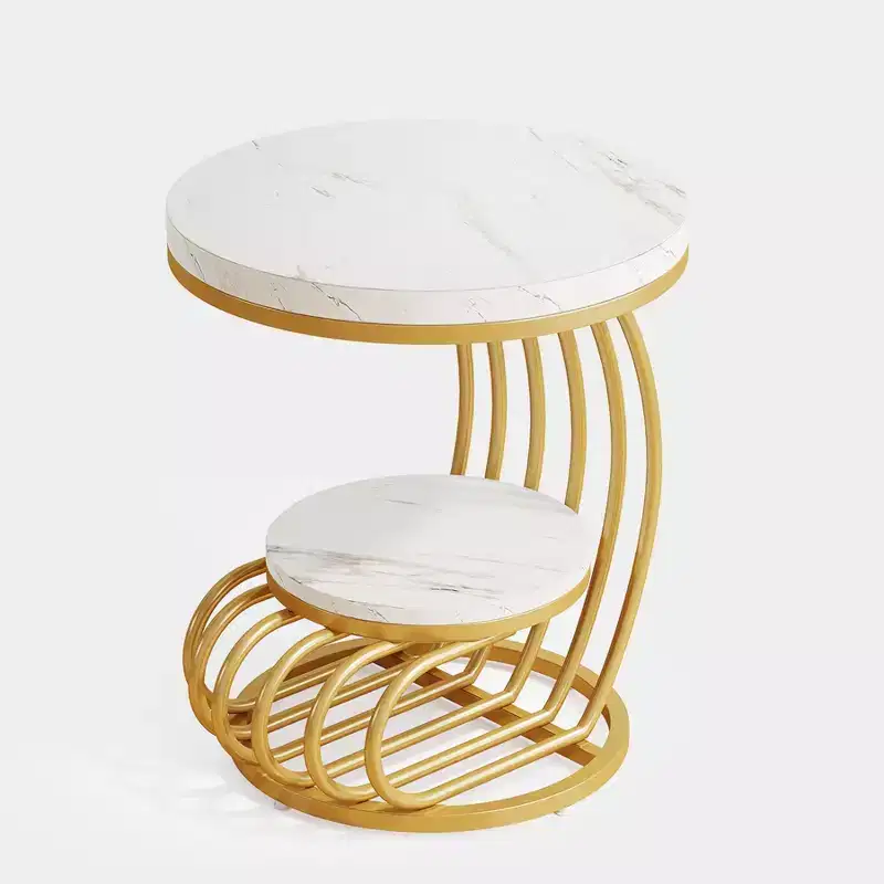 Lantine 2-tier Round End Table, Side Table with Storage Shelf, Metal Arc-Shaped Frame Accent Table for Living Room, Bedroom