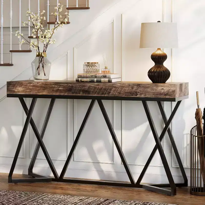 Lantine 55 Console Tables for Entryway, Industrial Wooden Sofa Table, Entryway Furniture with Geometric Metal Base for Living Room, Hallway