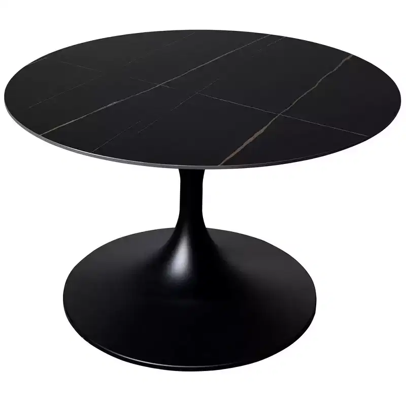 LeisureMod Verve 27 Round Coffee Table - Sintered Stone Top and Modern Black Steel Pedestal Base Accent Table for Contemporary Living Room