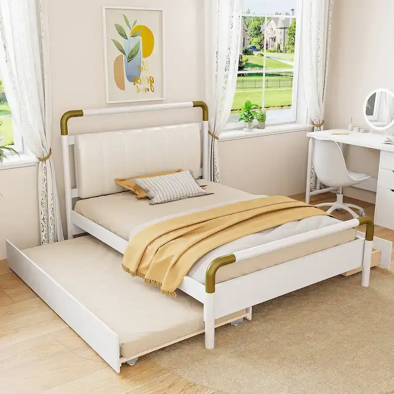 White Queen Canopy Platform Bed with Trundle & 2 Drawers, 2-Person