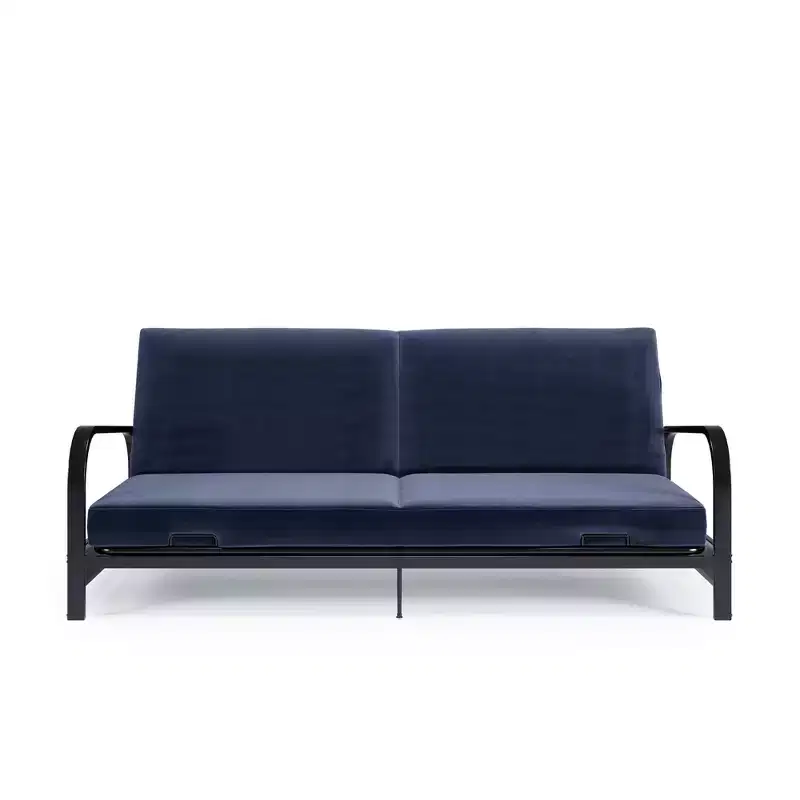 RealRooms Karli Black Metal Arm Futon Frame with 6 Blue Mattress and extra Black Slipcover