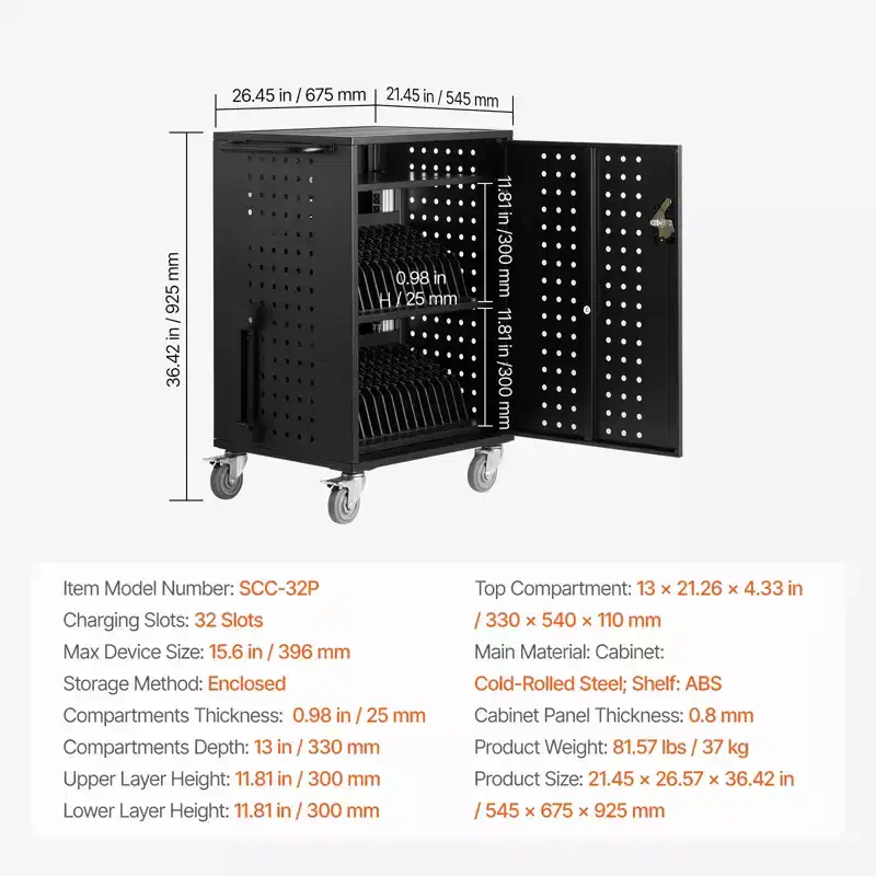 32-Device Mobile Charging Cart Station for Schools, Offices & Classrooms