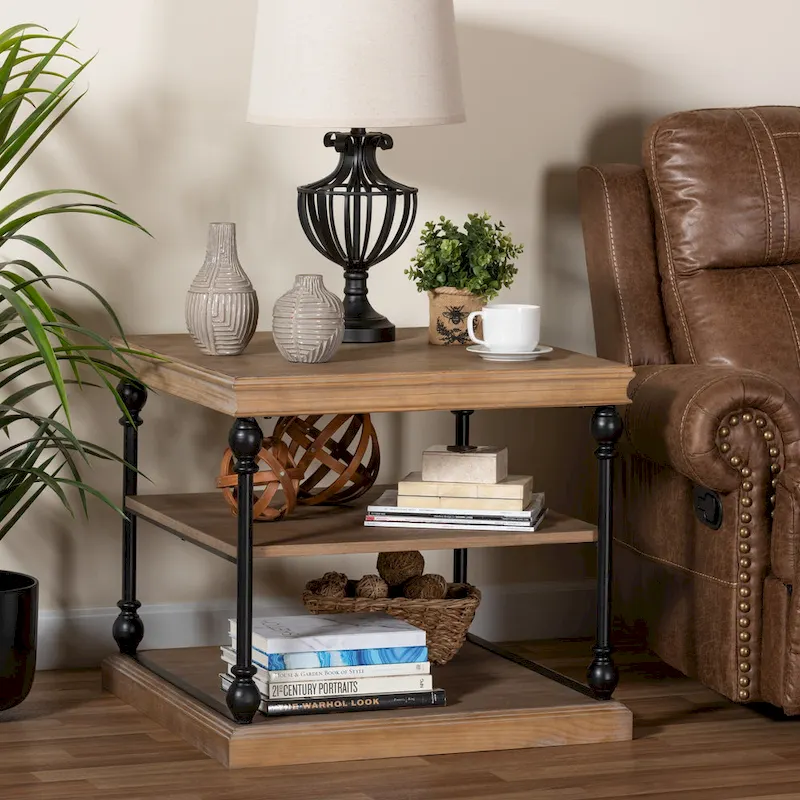 Sebastian Traditional Industrial Wood and Black Metal 3-Tier End Table