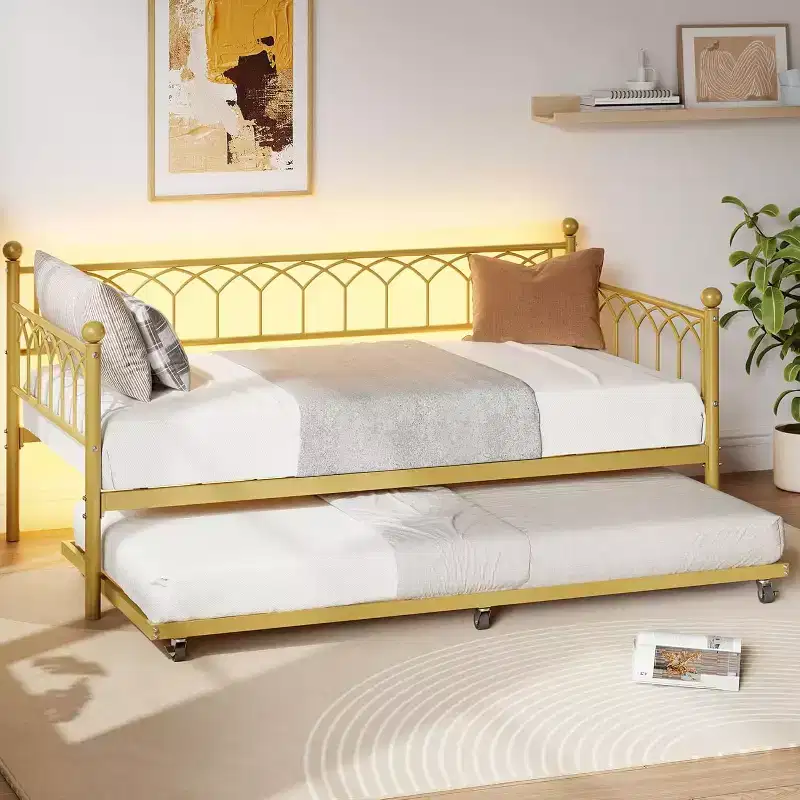 Twin Day Bed, Metal Sofa Bed Frame with Pull Out Trundle for Living Room, Bedroom, Apartment and Small Spaces