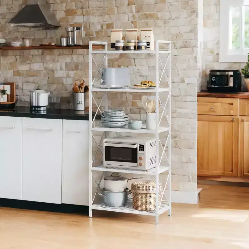 Cloud White 5 - Tier Metal Storage Rack with X Side Frames and Dense Mesh.12.6 x 23.6 x 57.3 inches, it has an industrial style and is perfect